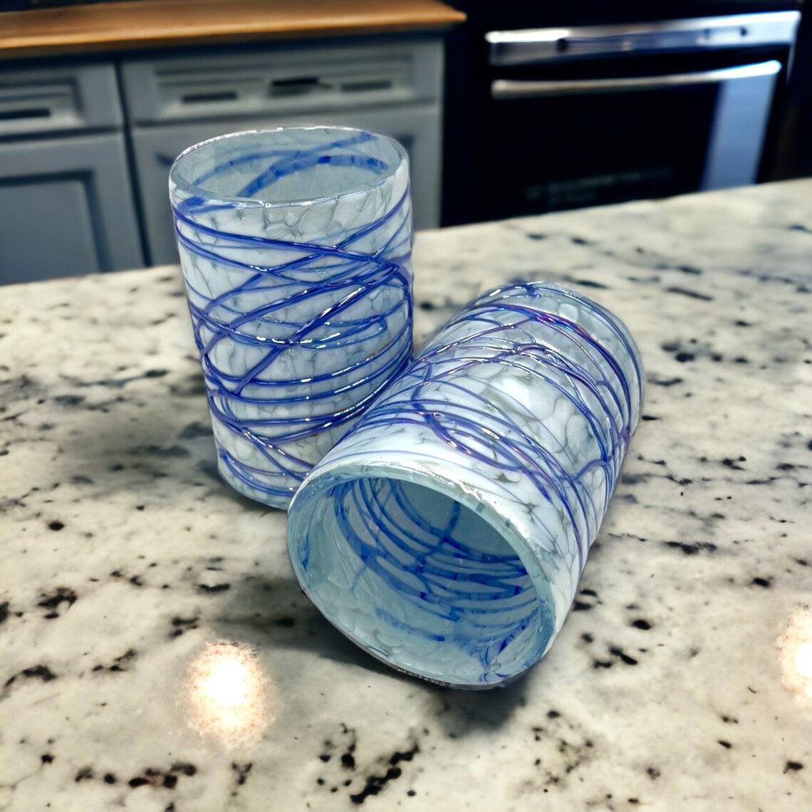 Hand Blown Blue Mexican Drinking Glasses and Pitcher - Set of 6