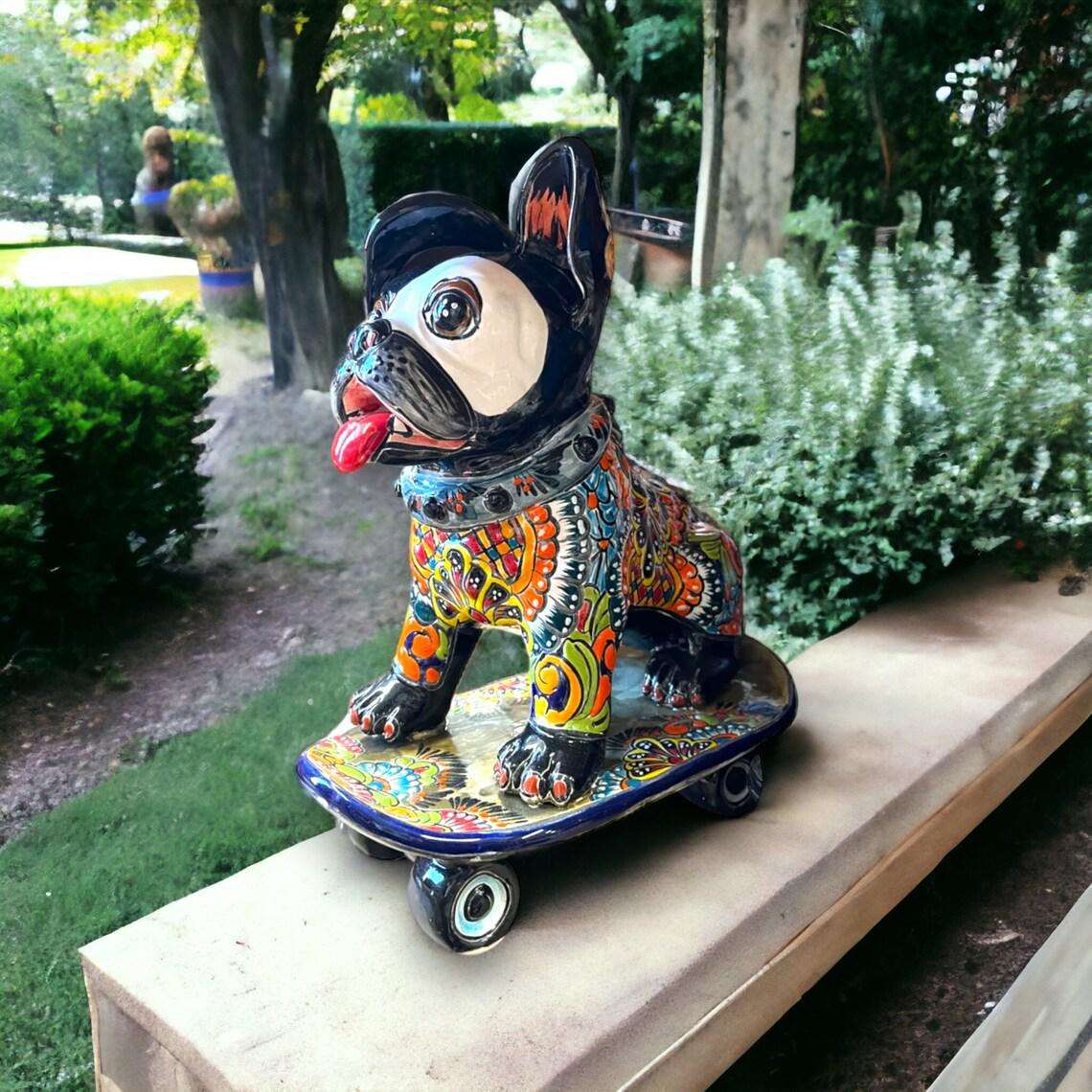 Forbyde Intensiv januar Handmade Talavera Frenchie Statue | Colorful French Bulldog Skateboard