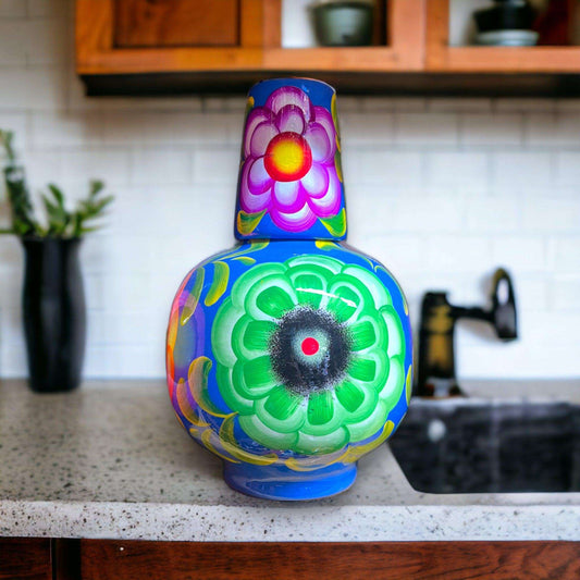 Large Mexican Hand-Painted Water Carafe | Colorful Talavera-Style Beverage Pitcher