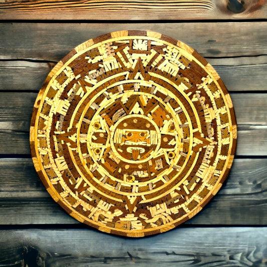 Mexican Handmade Aztec Warrior Calendar | Crafted with 11 Types of Wood