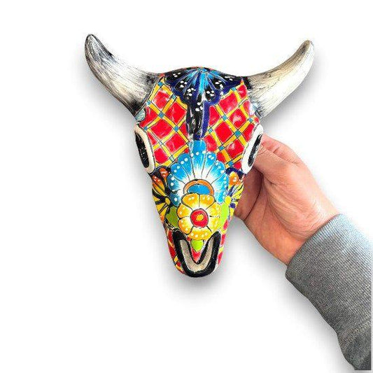 Talavera Bull Skull | Handmade Painted Mexican Longhorn Wall Art 10.5"x11"