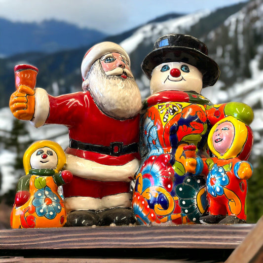 Talavera Santa & Snowman Statue | Festive Hand-Painted Christmas Decoration (Medium)