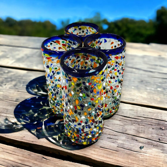 Vibrant Hand Blown Mexican Drinking Glasses | Colorful Confetti Pebbled Tumblers