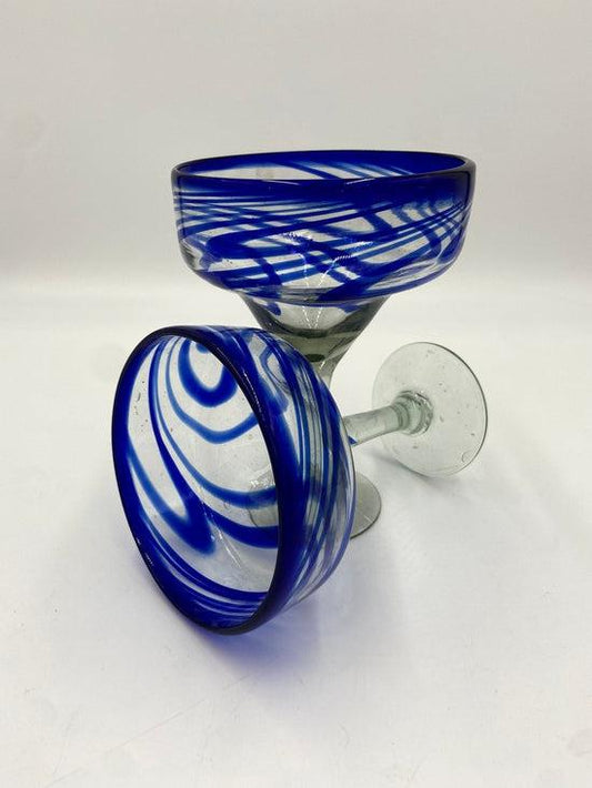 Vibrant Hand-Blown Mexican Margarita Glass | Blue Swirl Design