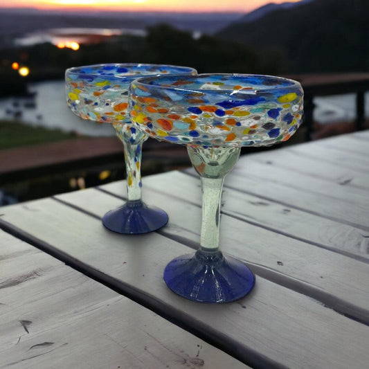 Vibrant Handblown Margarita Glass | Blue Confetti Rock Design