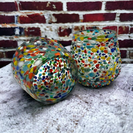 XL Hand Blown Stemless Wine Glasses | Colorful Confetti Rock Design