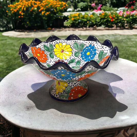 Vibrant Talavera Fruit Basket | Handcrafted Ceramic Pedestal Centerpiece