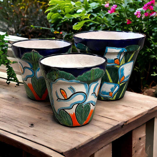 Vibrant Set of 3 Talavera Planters | Hand-Painted Calla Lily Pottery